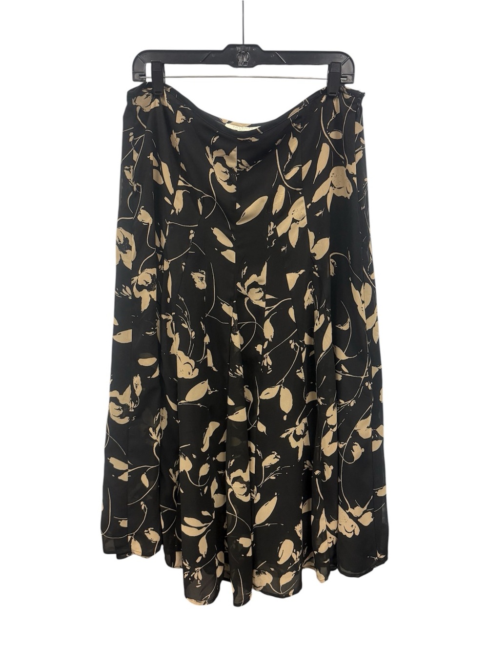 Talbots A-line Skirt Woman's Size 14 Midi Long Flared Black Tan Flower Floral
